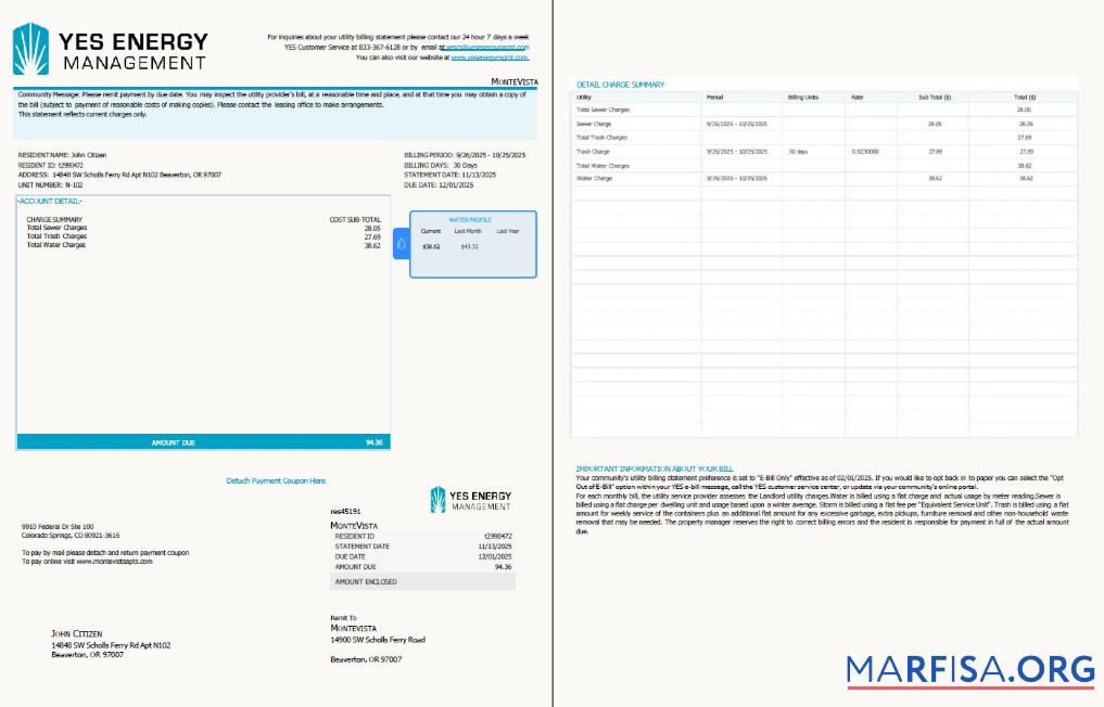 Blank USA YES Energy Management utility bill template in Word and PDF formats, 2 pages